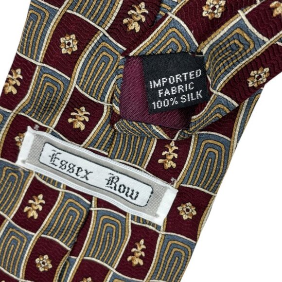 Essex Row Silk Tie Geometric Vintage Burgundy Red Blue Tan - Picture 4 of 6